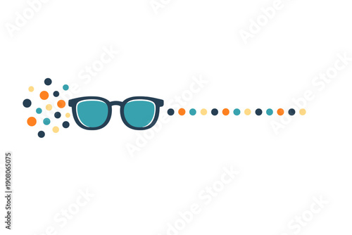 Minimalist illustration of teal spectacles on a dark background featuring a cluster of multicolored circles on the left and a straight line of dots on the right side.