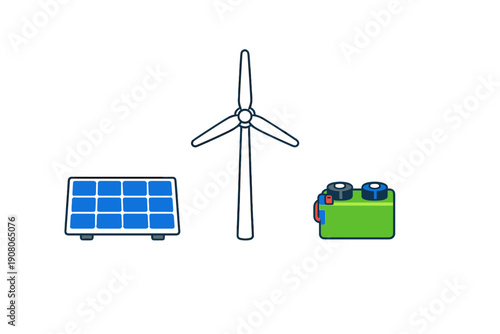 A flat illustration featuring a blue solar panel, a white wind turbine, and a green battery unit against a solid black background, representing renewable energy sources and storage.
