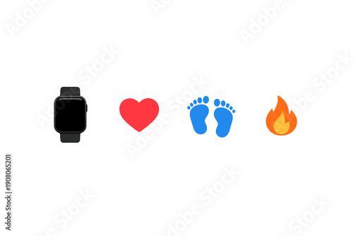 A black smartwatch is displayed alongside icons representing heart rate, steps, and calories burned, all set against a solid black background for a clean look.