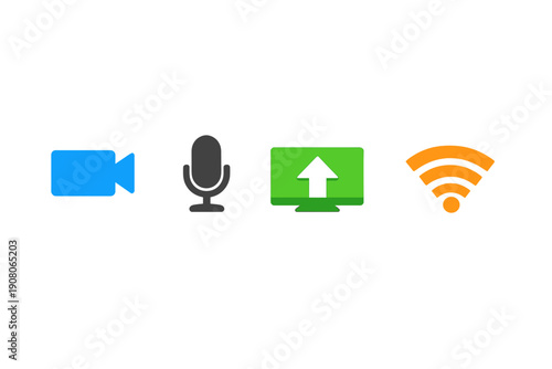 A row of four colorful digital communication icons featuring a blue video camera, a gray microphone, a green screen with an upload arrow, and an orange wireless signal on a black background.