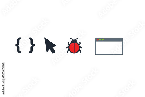 A set of four digital icons representing software development, including curly braces, a mouse cursor, a red bug, and a browser window, displayed on a black background.