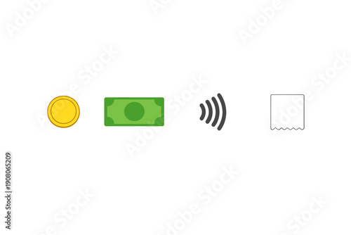 A row of four flat icons representing payment methods and transactions, including a gold coin, a green banknote, a wireless signal, and a white receipt, all set against a black background.