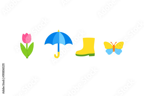 A collection of four colorful spring-themed icons including a pink tulip, a blue umbrella, a yellow rain boot, and a butterfly, all set against a solid black background.