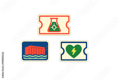 A collection of three flat vector icons depicting a laboratory flask with a target, a red industrial building over waves, and a green heart containing a yellow lightning bolt symbol.