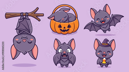 Adorable Halloween Bat Cartoon Vector Set. Cute flying, sleeping, hanging, and witch bat characters with pumpkin and candy corn.