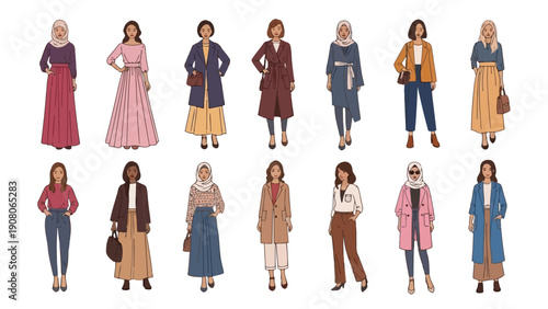 Diverse group of stylish individuals showcasing various fashion choices and body types