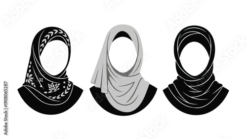 Three distinct styles of traditional headscarves displayed side by side in monochrome.