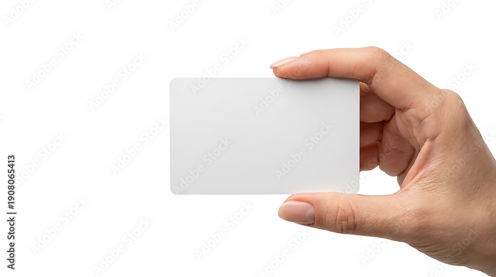 Obraz premium Close up of hand holding a blank white business card isolated on white background
