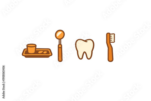 A set of four stylized dental icons including a tray with a cup, a dental mirror, a molar tooth, and a toothbrush, all presented in warm orange tones on a solid black background.