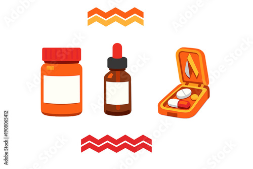 A vector illustration showing a collection of medical supplies including an orange pill bottle, a dropper bottle, and an open pill case with capsules on a black background.