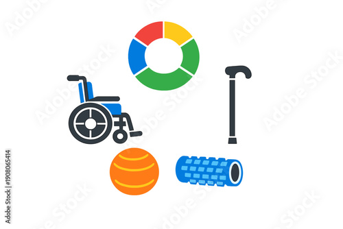 This illustration features various mobility and physical therapy tools like a wheelchair, cane, exercise ball, and foam roller, presented as flat icons on a black backdrop.