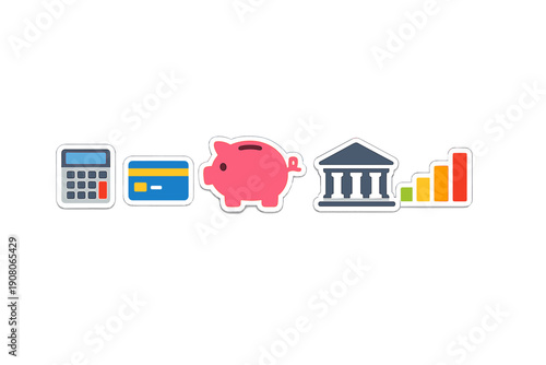 A row of five financial icons including a calculator, credit card, pink piggy bank, bank building, and a colorful bar chart, all presented as flat stickers on a black background.