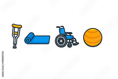 A collection of four medical and physical therapy icons including a crutch, a blue exercise mat, a blue wheelchair, and an orange fitness ball, all set against a black background.