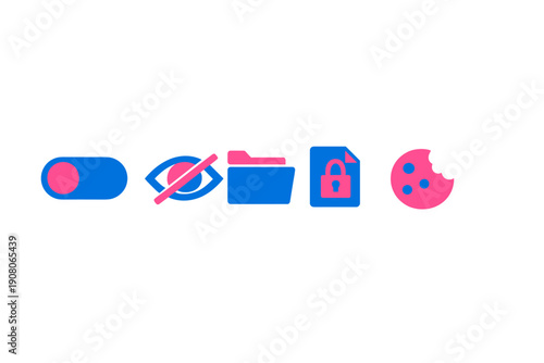 A row of five digital icons representing privacy and security settings, including a toggle switch, hidden eye, folder, locked document, and a cookie, set against a black background.