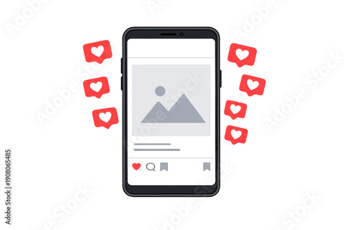A flat illustration of a smartphone displaying a social media post with a placeholder image. Several red speech bubbles with white heart icons float around the device on a black background.