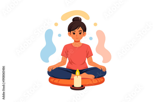 A flat vector illustration of a young woman meditating in a cross-legged pose on a cushion with a lit candle in front and colorful abstract shapes floating around her on a black background.