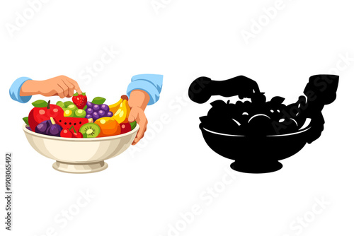 A pair of hands holds a white pedestal bowl filled with a colorful variety of fresh fruits including apples, grapes, strawberries, and bananas against a solid black background.