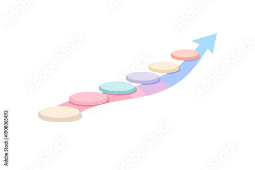 A three dimensional illustration of a curved upward arrow featuring six colorful circular platforms on a black background, representing steps in a process or growth stages.