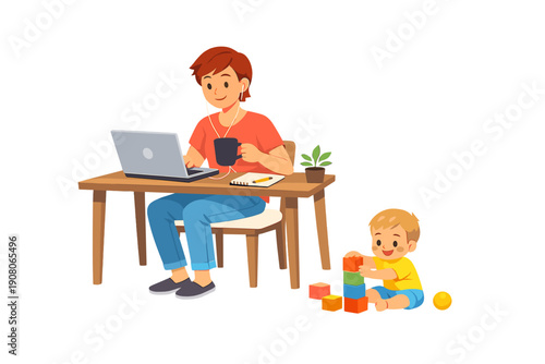 A woman sits at a wooden desk working on a laptop while wearing headphones and holding a mug. Nearby, a small child plays with colorful building blocks on the floor in a home office setting.