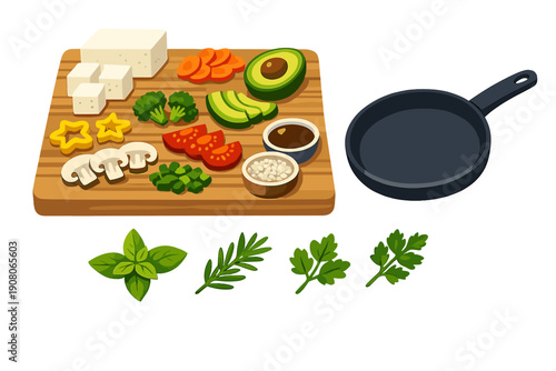 A wooden cutting board holds sliced tofu, carrots, avocado, broccoli, tomatoes, and mushrooms next to a black frying pan and fresh green herbs like basil and rosemary on a dark background.