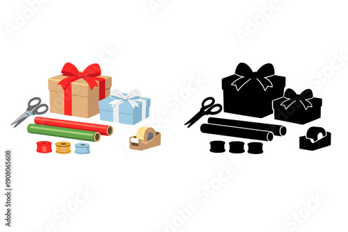A collection of gift wrapping materials featuring wrapped boxes with ribbons, scissors, paper rolls, and tape dispenser on a black background with decorative line art.