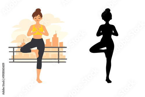 A woman performs a yoga tree pose on a balcony with a city skyline and clouds in the background. She wears a yellow top and black leggings while maintaining a peaceful expression.