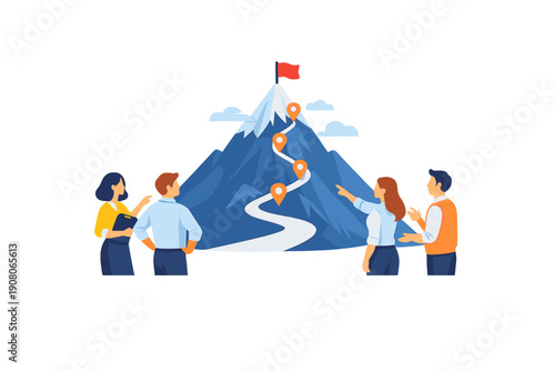 Four people look at a mountain with a winding path and location markers leading to a red flag at the top, representing business goals and strategic planning.