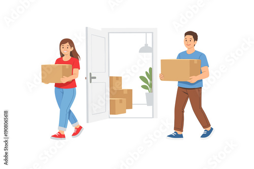 A young couple carries cardboard boxes through an open white door while moving into a new home. The flat vector illustration shows a man and woman smiling during their relocation process.