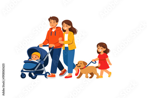 A happy family of four walks together with their pet dog. The father pushes a blue stroller with a baby, while the mother walks beside him and a young girl leads the dog on a leash.