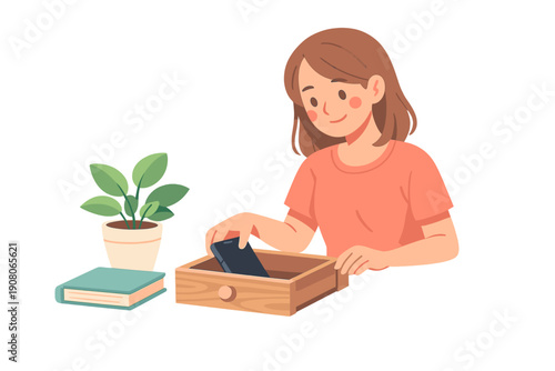 A young woman with brown hair is placing her smartphone into a small wooden drawer. A potted plant and a book sit on the table beside her in this clean flat vector illustration.