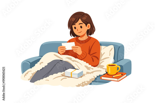 A young woman with short brown hair sits on a blue sofa, wrapped in a cozy white blanket. She is reading a small card while a mug of hot drink and a book rest beside her on the couch.