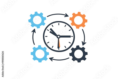 A conceptual illustration featuring a central clock surrounded by four colorful gears and arrows, representing time management, workflow efficiency, and synchronized processes.