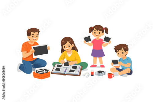 A cartoon illustration of a family including parents and two children sitting on the floor, happily looking at and organizing printed photographs into a large memory album.