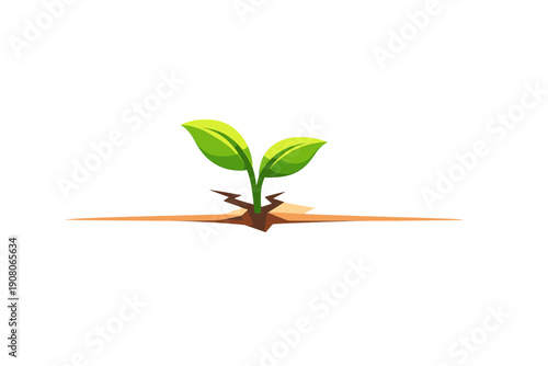 A small green seedling with two vibrant leaves emerges from a crack in parched brown soil. This vector illustration is set against a stark black background, symbolizing life and growth.