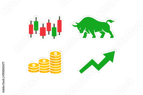 A collection of four financial icons including a candlestick chart, a green bull silhouette, stacks of gold coins with dollar signs, and a green upward arrow on a black background.
