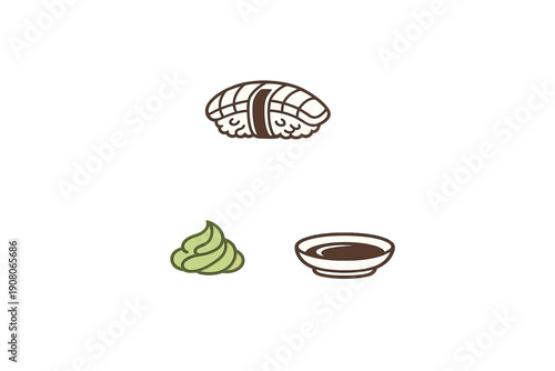 A minimalist illustration of a single piece of nigiri sushi, a swirl of green wasabi, and a small dish of dark soy sauce, all set against a solid black background.