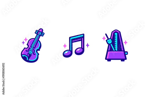 Vibrant neon icons of a violin, musical notes, and a metronome displayed on a dark background. The illustrations feature glowing purple and blue tones with decorative sparkles.
