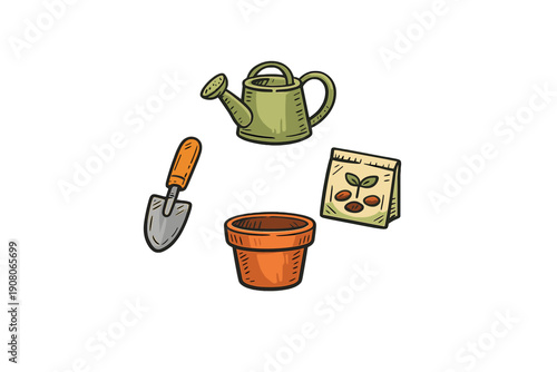 A hand-drawn illustration featuring essential gardening tools including a green watering can, a small trowel, a terracotta flower pot, and a seed packet on a black background.