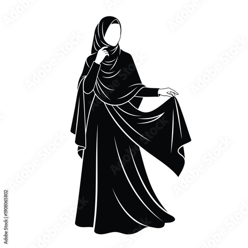 Elegant silhouette of a person draped in flowing fabric against a plain background