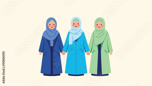 Three women wearing traditional long robes and headscarves standing together