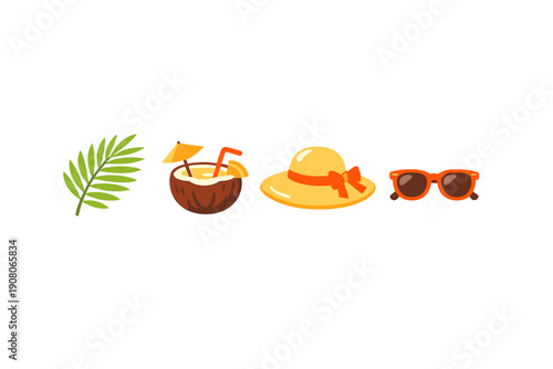 A collection of four summer-themed icons including a green palm leaf, a coconut drink with a straw, a yellow sun hat with an orange ribbon, and orange sunglasses on a black background.
