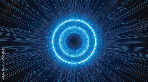 A blue light circle in the middle of a dark background with lots of small lights