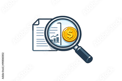 A magnifying glass examines a document with bar charts and a line graph next to a gold dollar coin. This illustration represents financial auditing and market research.