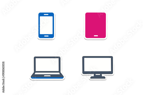 A set of four colorful electronic device icons including a smartphone, tablet, laptop, and desktop monitor, presented in a flat sticker style against a solid black background.