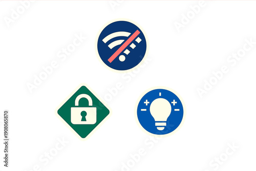 A set of three digital icons featuring a crossed-out wireless symbol, a green security lock, and a blue lightbulb with plus and minus signs on a black background.