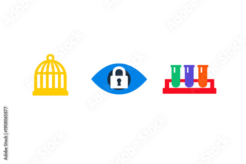 A yellow birdcage, a blue eye containing a white padlock, and three colorful test tubes in a red rack are displayed as flat vector icons against a solid black background.