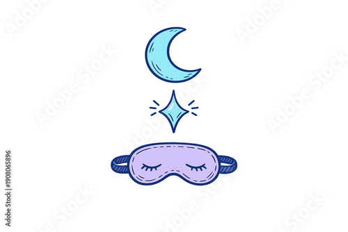 A hand-drawn illustration featuring a light blue crescent moon, a sparkling star, and a purple sleep mask with closed eyes, all set against a solid black background.