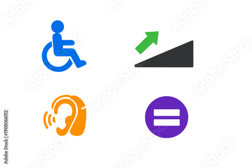 A collection of four colorful icons on a black background representing accessibility and equality, including a wheelchair user, a ramp with an arrow, a hearing aid, and an equals sign.