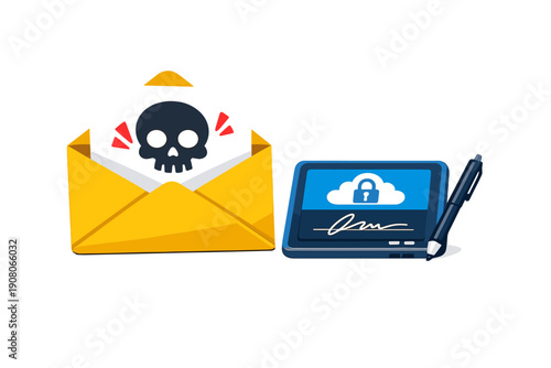 A yellow envelope with a skull card sits beside a blue digital tablet showing a cloud with a padlock and a signature, symbolizing phishing and digital security risks.