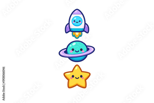 Three adorable kawaii space characters including a rocket, a planet with rings, and a star, all with smiling faces and rosy cheeks, set against a dark black background.